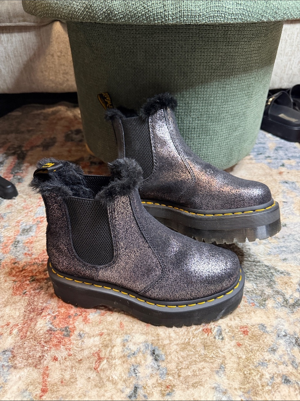 Dr. Martens Women’s 2976 Metallic Pewter Black Faux Fur Platform Chelsea Boots